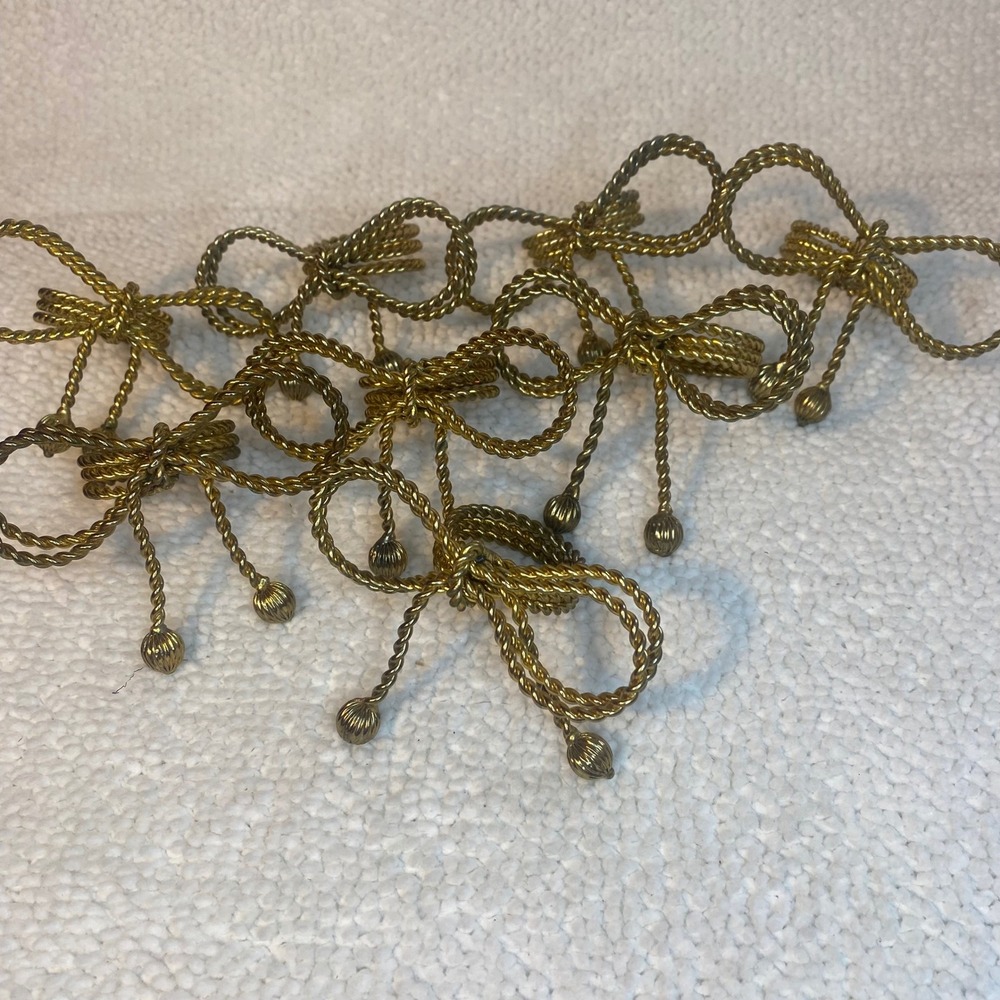 Set of 8 Vintage Gold Tone Twisted Rope Bow Napkin Rings MCM